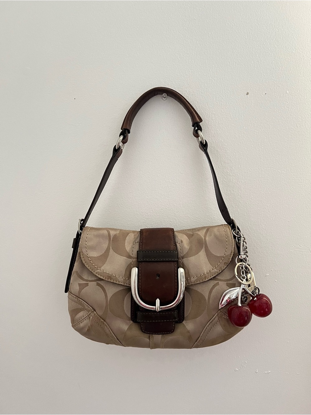 Coach Beige and Brown Signature Canvas Shoulder Bag
